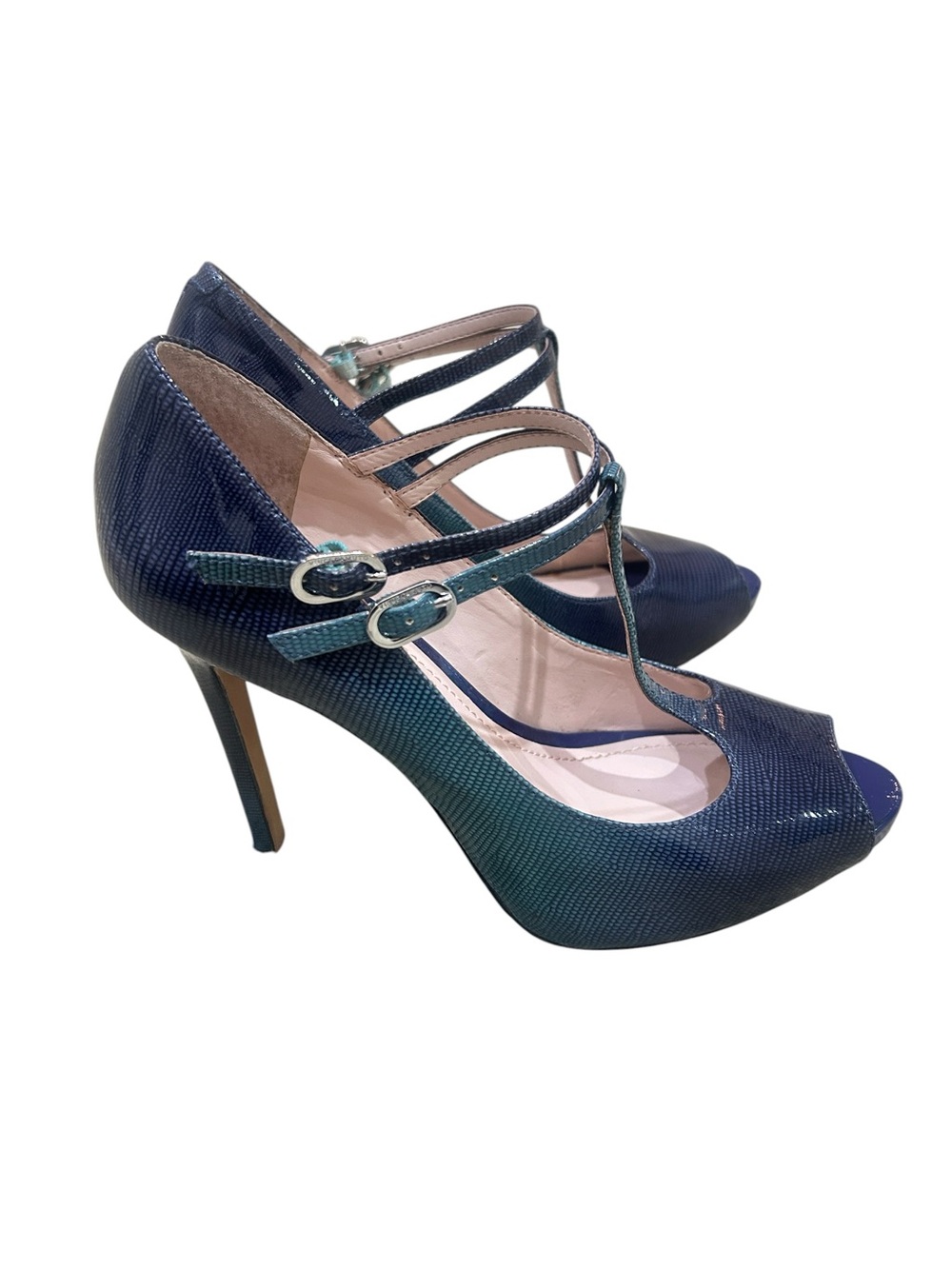Vince Camuto Navy to Teal Ombre patent leather T-Strap Peep-Toe Heels size 8